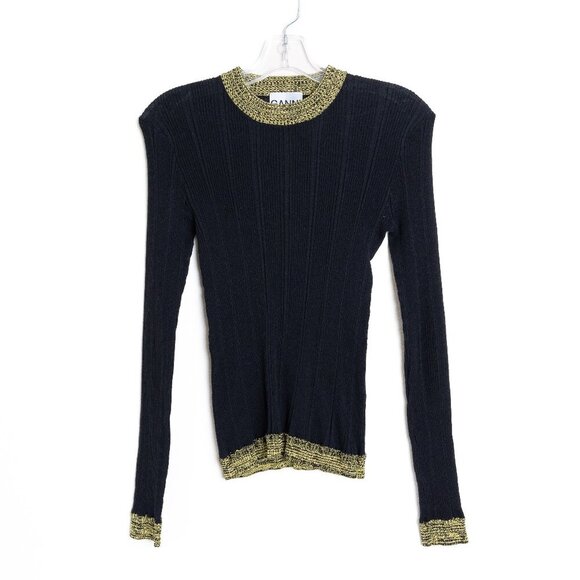 GANNI Ribbed Cotton Blend Sweater Black Metallic Contrast Trim - Picture 3 of 11